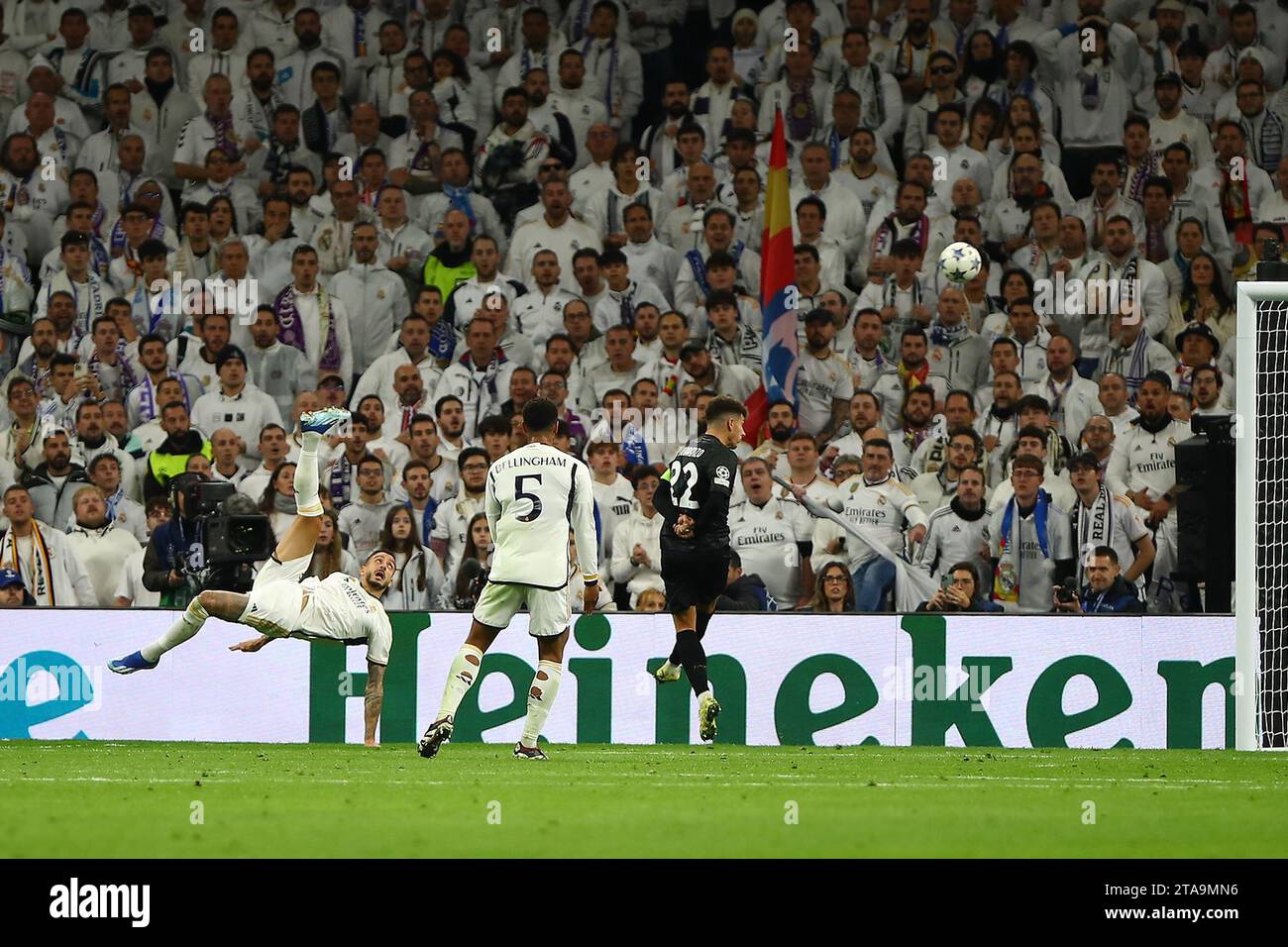 Madrid, Spanien. November 2023. Real Madrids Joselu in Aktion während des 5. Champions-League-Spiels zwischen Real Madrid und Neapel im Santiago Bernabeu-Stadion in Madrid, Spanien, am 29. November 2023. Quelle: Edward F. Peters/Alamy Live News Stockfoto