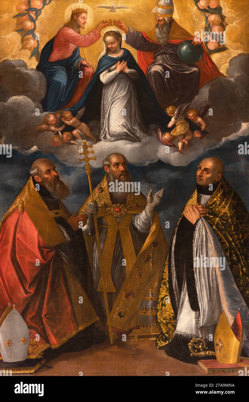 Vicenza - das Gemälde der Krönung der Jungfrau Maria mit dem Heiligen Benedicte, Gregor und Callus in der Basilica dei Santi Felice e Fortunato. Stockfoto