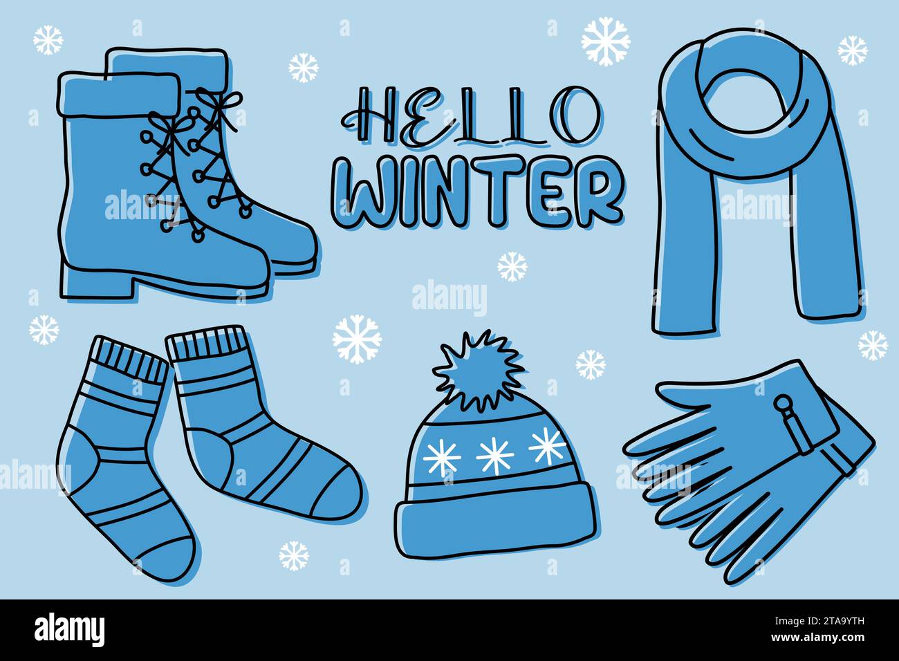 Einfarbiges Set aus Schnürstiefeln, Schal, Socken, Mütze und Handschuhen, warmes Winterzubehör, Vektorabbildung mit flachem Stil Stock Vektor