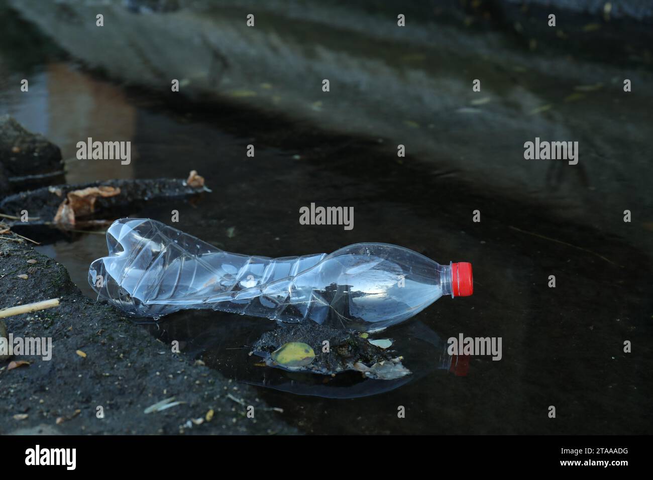 Benutzte Plastikflasche in der Nähe von Wasser im Freien. Umweltverschmutzung Stockfoto