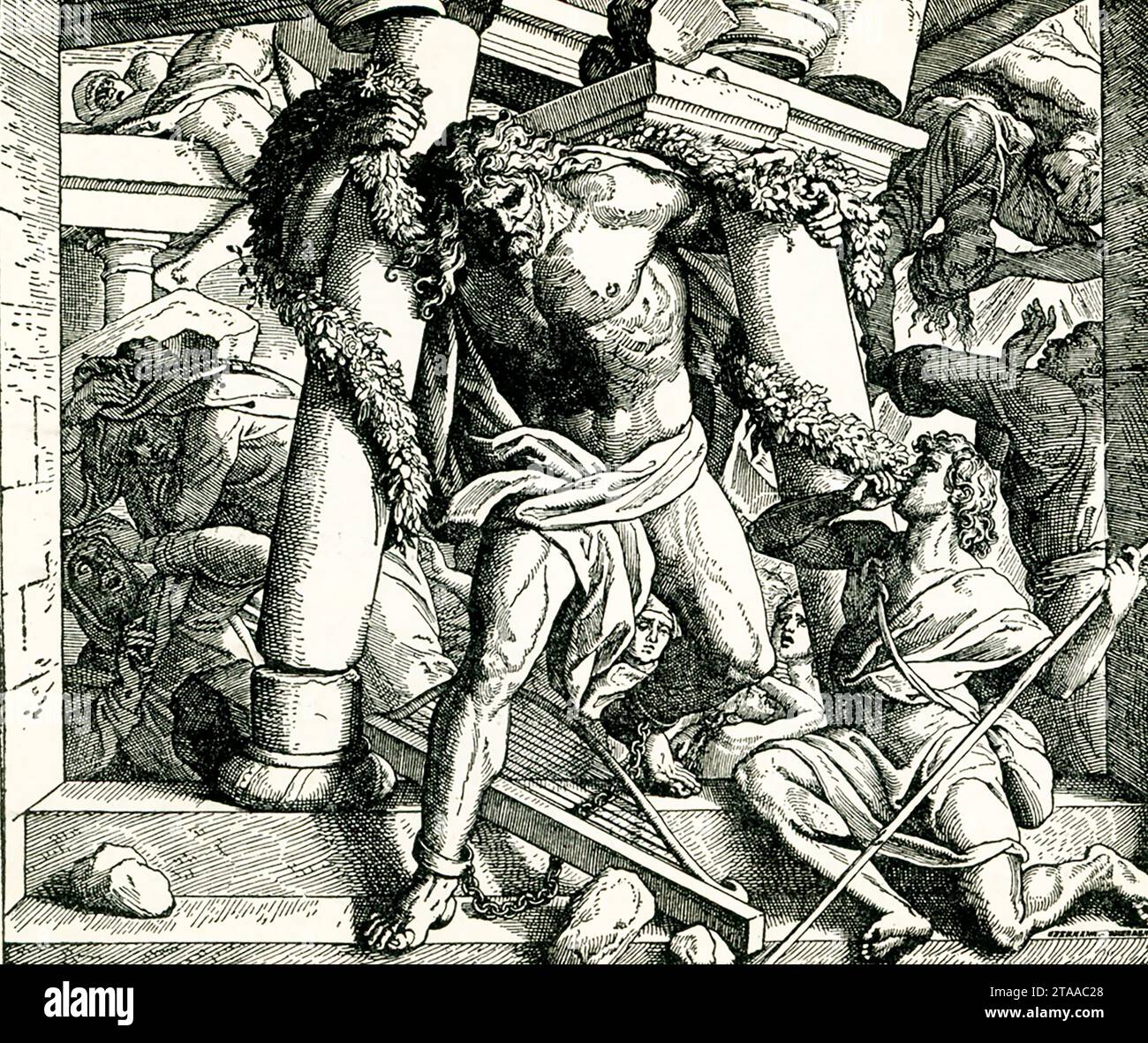 Der Titel aus dem Jahr 1895 lautet: „Samson zerstört den Tempel“. Samson wird in den Tempel geführt, und er bittet seine Gefangenen, ihn an die Stützpfeiler lehnen zu lassen, um sich auszuruhen. Im Gefängnis begann er jedoch wieder zu wachsen. Er betet um Kraft, und Gott gibt ihm Kraft, die Säulen zu brechen, was den Tempel zum Einsturz bringt und ihn und die Menschen darin tötet. Stockfoto