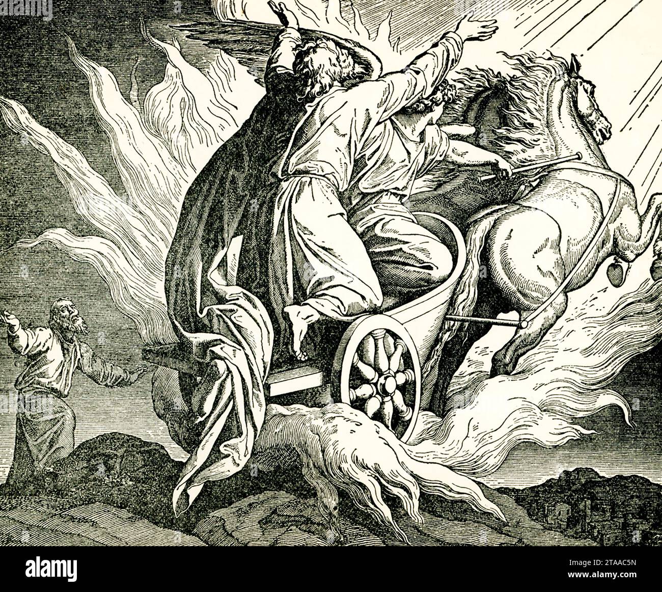 Die Bildunterschrift von 1895 lautet: „Elijah nahm in einem Wagen zum Himmel auf.“ Als Elisa und Elia miteinander gingen und miteinander redeten, erschien plötzlich ein Feuerwagen und Feuerpferde und trennte die beiden, und Elia zog in einem Wirbelwind in den Himmel. Elisha war ein Schüler von Elijah. Stockfoto