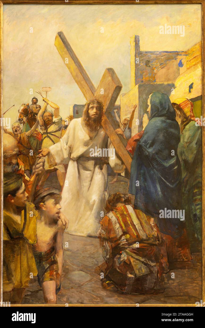 TREVISO, ITALIEN - 8. NOVEMBER 2023: Das Gemälde Jesus trifft seine Mutter Maria als Teil der Kreuzbahnstationen in der Kathedrale Stockfoto