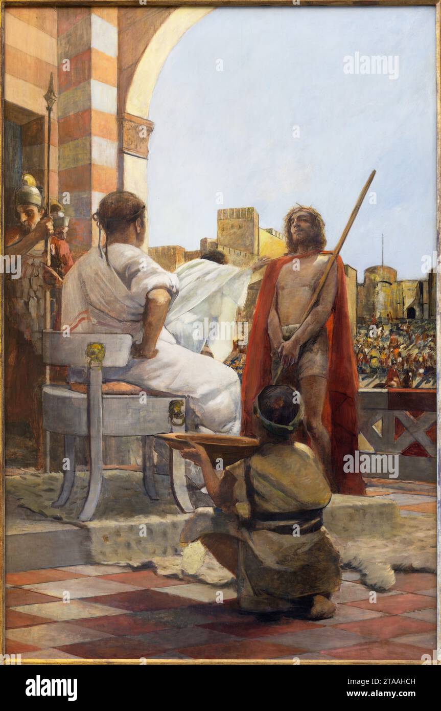 TREVISO, ITALIEN - 8. NOVEMBER 2023: Das Gemälde Jesus vor Pilatus als Teil von Kreuzbahnstationen in der Kathedrale Stockfoto