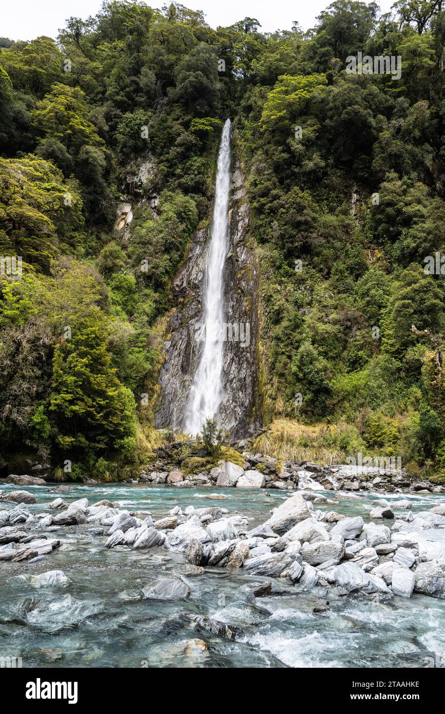 Roadtrip durch die Südinsel Neuseelands. Die Thunder Creek Falls sind an einem extrem hohen und leicht zugänglichen 96 Meter hohen Wasserfall zu sehen Stockfoto
