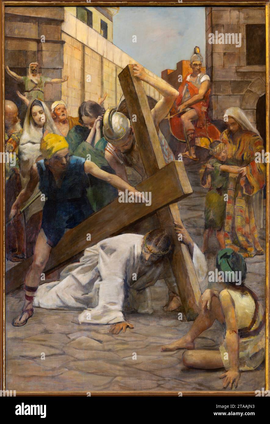 TREVISO, ITALIEN - 8. NOVEMBER 2023: Das Gemälde Jesus fällt unter das Kreuz als Teil von Kreuzbahnstationen in der Kathedrale Stockfoto