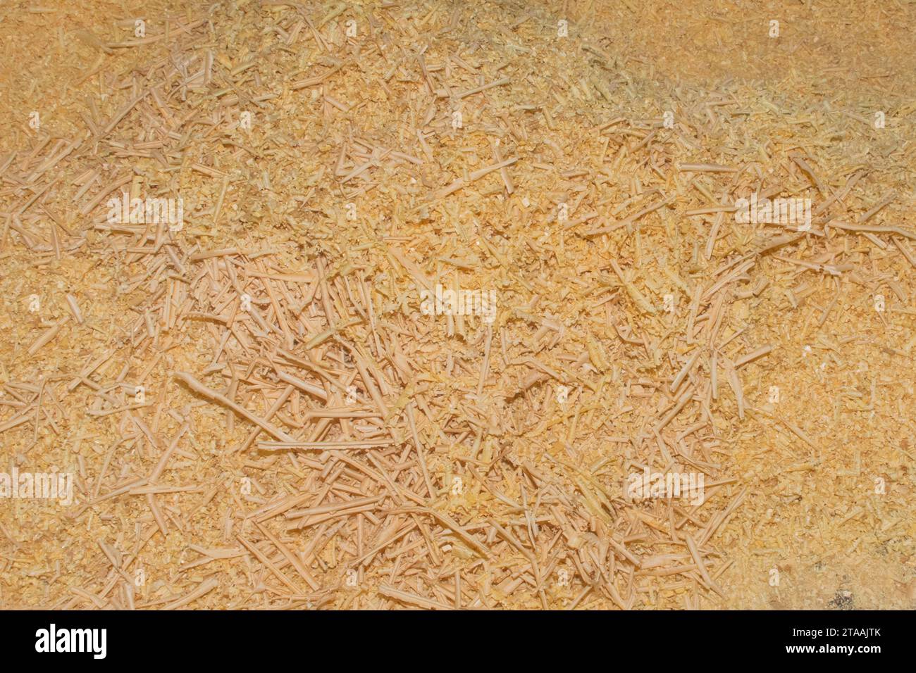 Gelbe Natürliche Holzspäne Abfall Ressourcenverwertung Industriematerial Sägemehl. Stockfoto