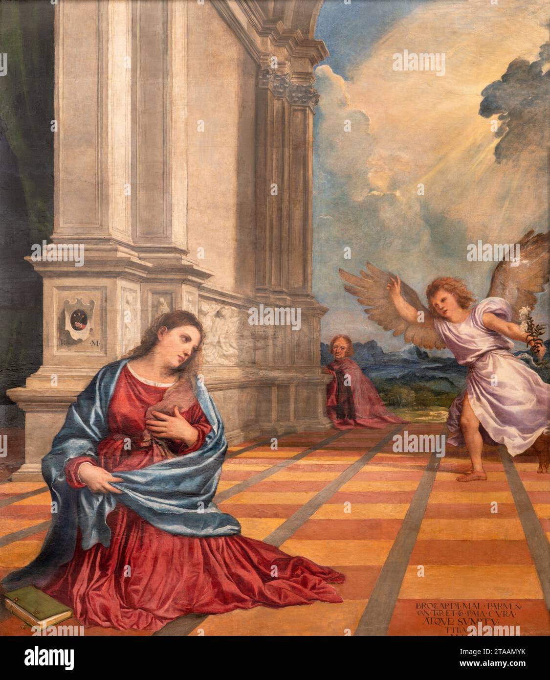 TREVISO, ITALIEN - 8. NOVEMBER 2023: Gemälde der Verkündigung aus der Renaissance in der Kirche La Cattedrale di San Pietro Apostolo von Tizian (1488/1490) Stockfoto