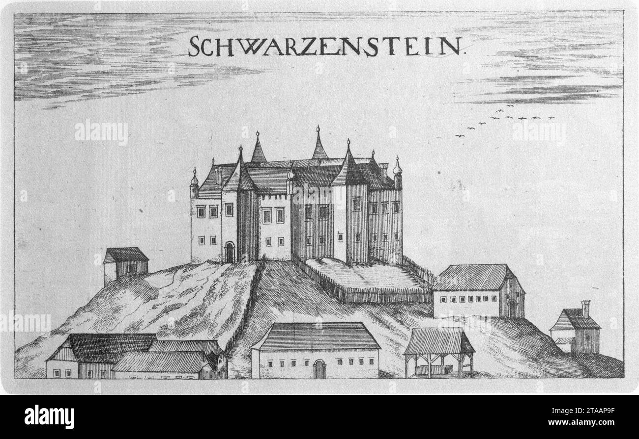 Vischer - Topographia ducatus Stiriae - 386 Schwarzenstein bei Schönstein - Svarcenstajn. Stockfoto