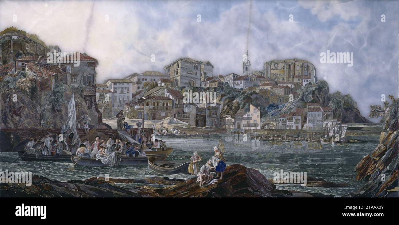 Vista de Bermeo (Real Laboratorio de Piedras Duras del Buen Retiro). Stockfoto