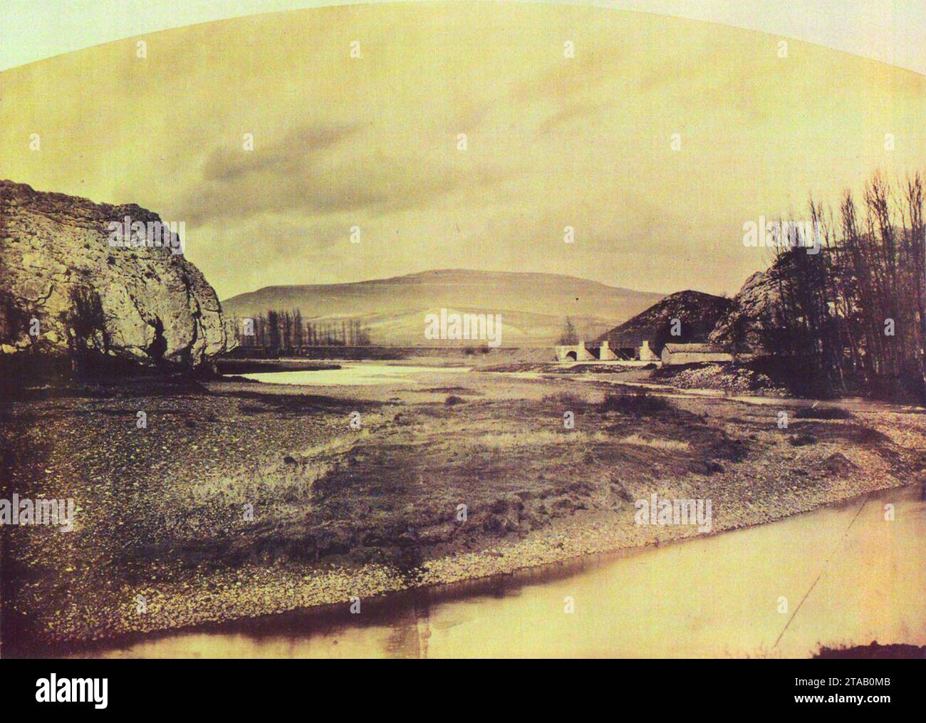 Vista de Villaescusa, con el rio Camesa en primer término entre 1855 y 1857 - William Atkinson. Stockfoto