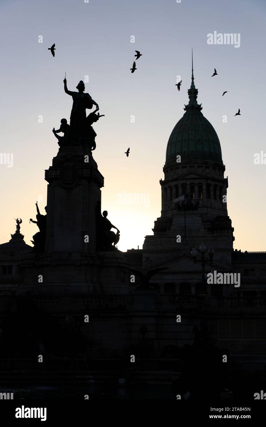 Die Silhouette mit Vögeln, die über das Denkmal für die beiden Kongresse fliegen, mit dem Palast des argentinischen Nationalkongresses im Hintergrund.Buenos Aires.Argentinien Stockfoto