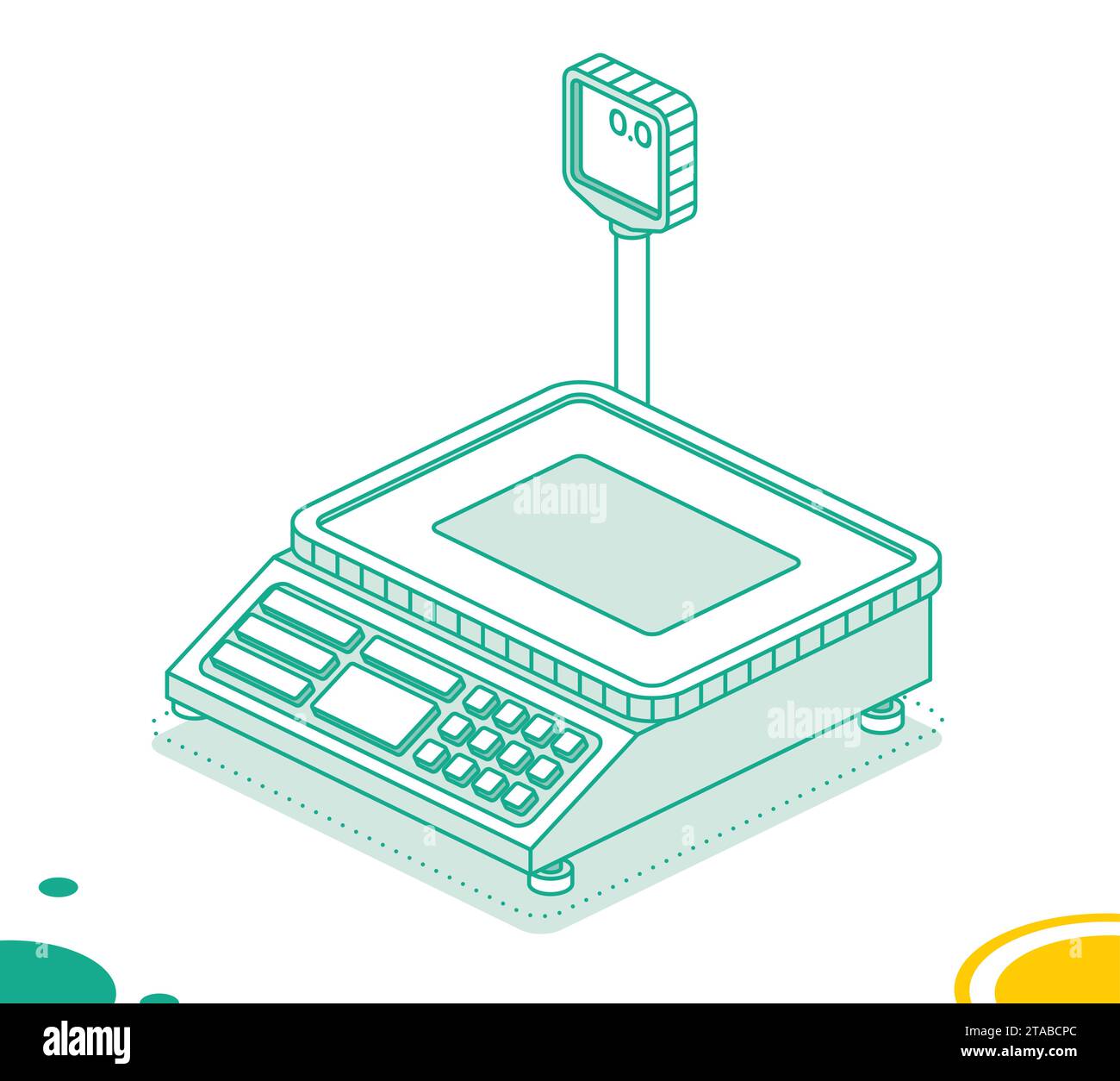 Tischwaagen. Isometrisches Umrissobjekt isoliert auf weiß. Vektorabbildung. Digitale Waagen auf dem Markt. Stock Vektor