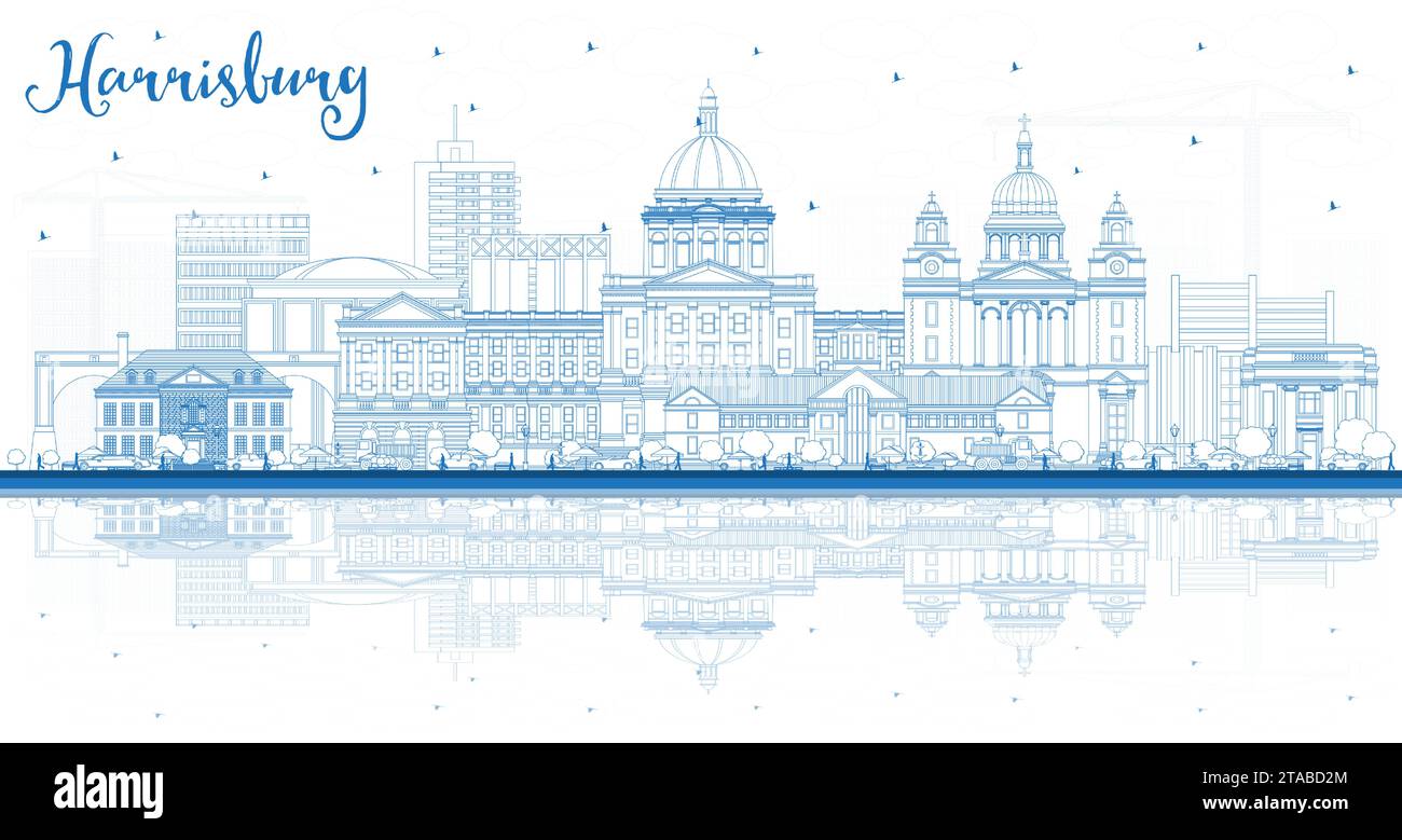 Umreißen Sie die Skyline der Stadt Harrisburg Pennsylvania mit blauen Gebäuden und Reflexionen. Vektorabbildung. Harrisburg USA Stadtbild mit Wahrzeichen. Stock Vektor