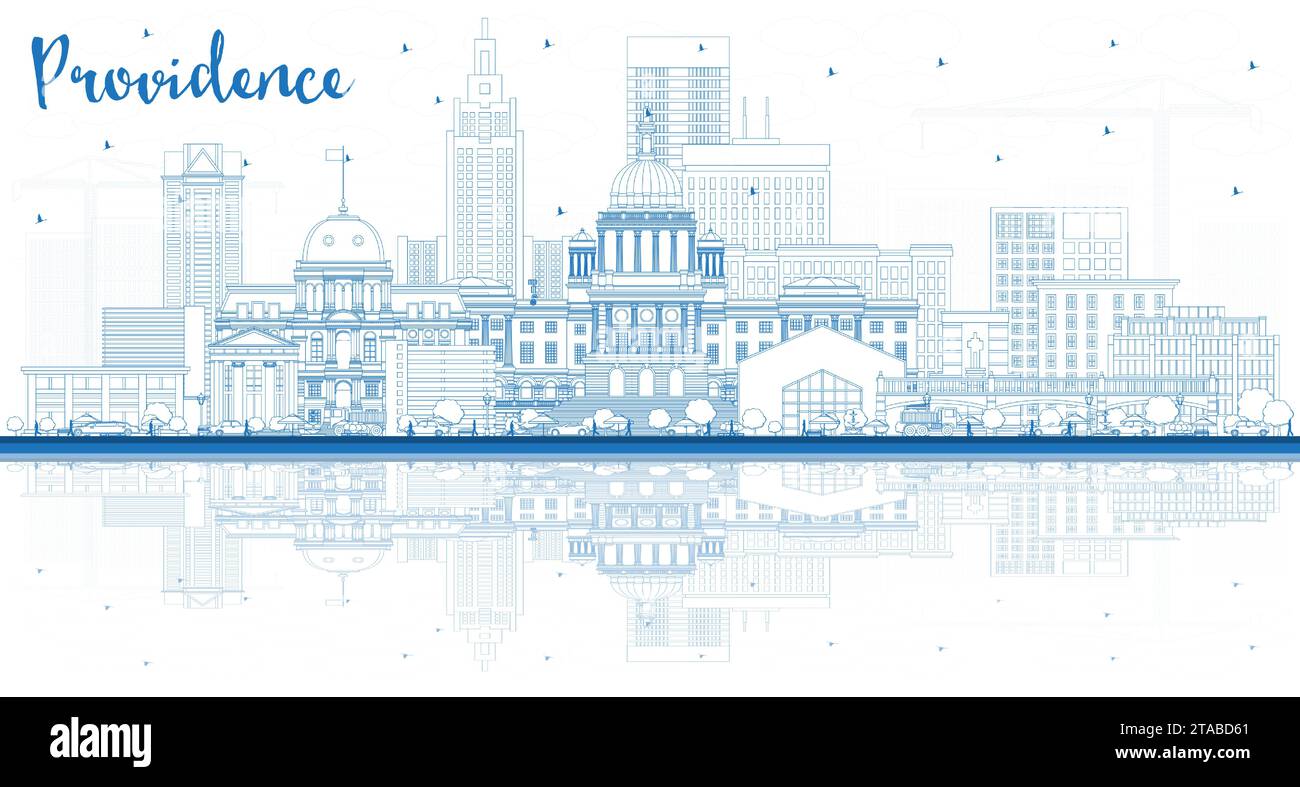 Umreißen Sie die Skyline von Providence Rhode Island City mit blauen Gebäuden und Reflexionen. Vektorabbildung. Providence USA Stadtbild mit Wahrzeichen. Stock Vektor