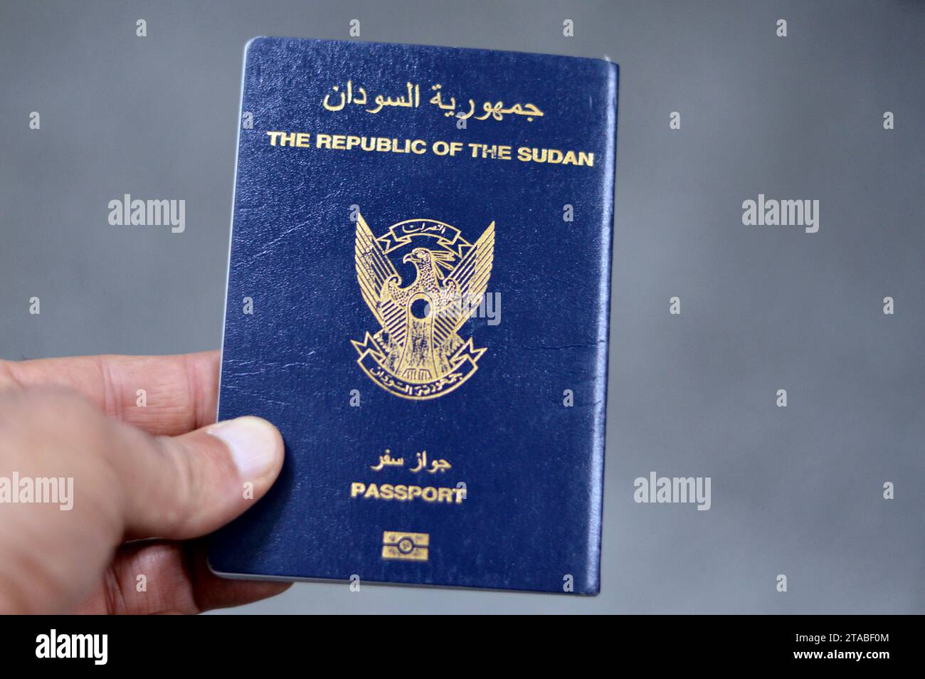 Reisepass der Republik Sudan mit einem vergoldeten Falken in der Mitte der vorderen Abdeckung, selektiver Fokus der sudanesischen Passidentität der Verwendung im Nordsudan Stockfoto