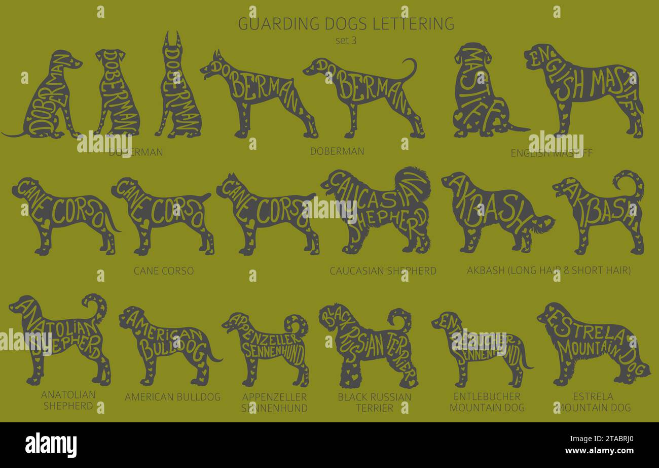 Der Hund züchtet Silhouetten mit Schriftzug, schlichtem Clipart. Schutzhunde und Service-Hund-Sammlung. Vektorabbildung Stock Vektor