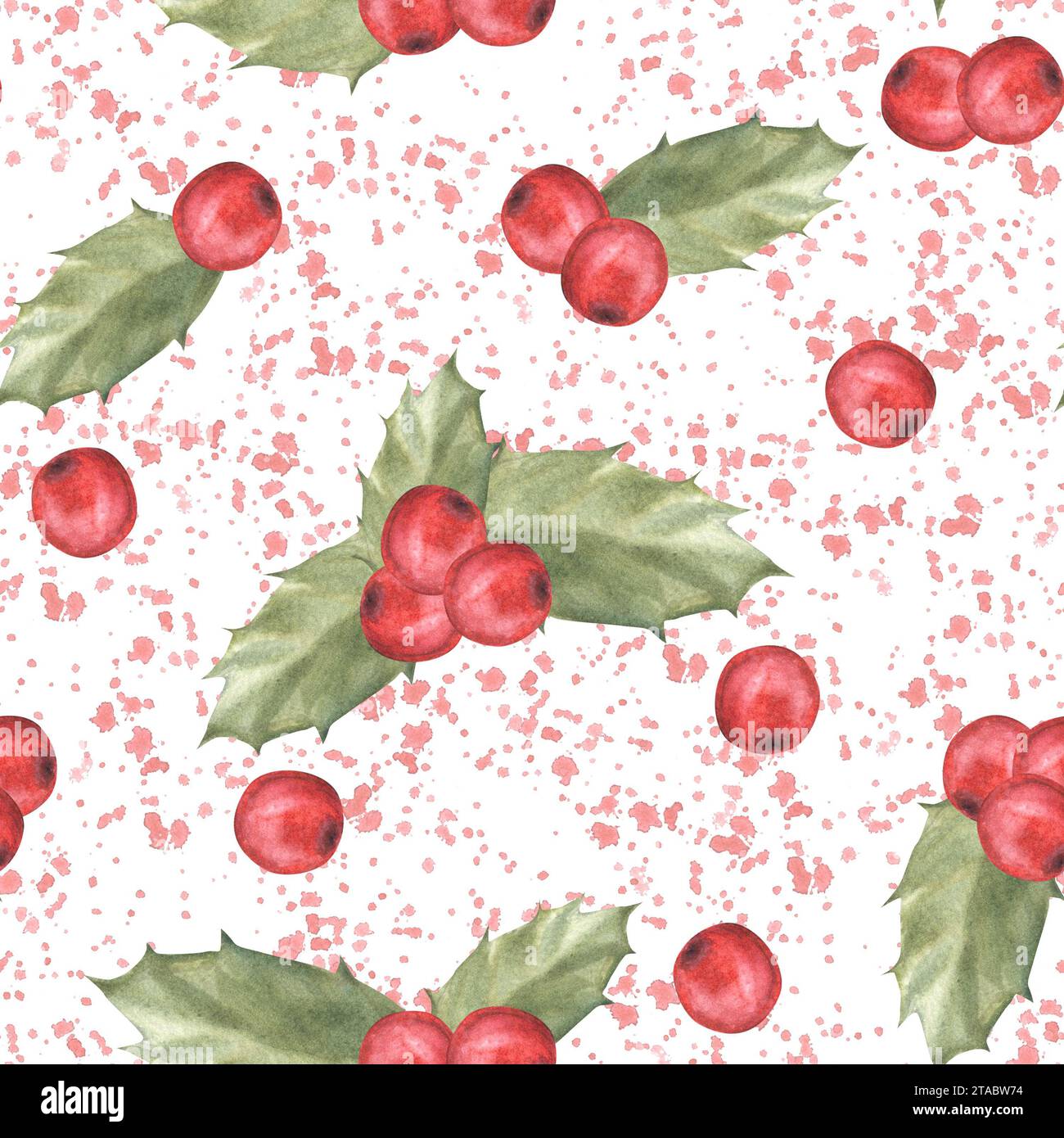 Aquarellgemalte Illustration von roten stechpalmenblättern und Beeren mit Spritzern. Nahtloses Muster. Clipart für Weihnachten oder Silvester Dekor, Geschenk Stockfoto