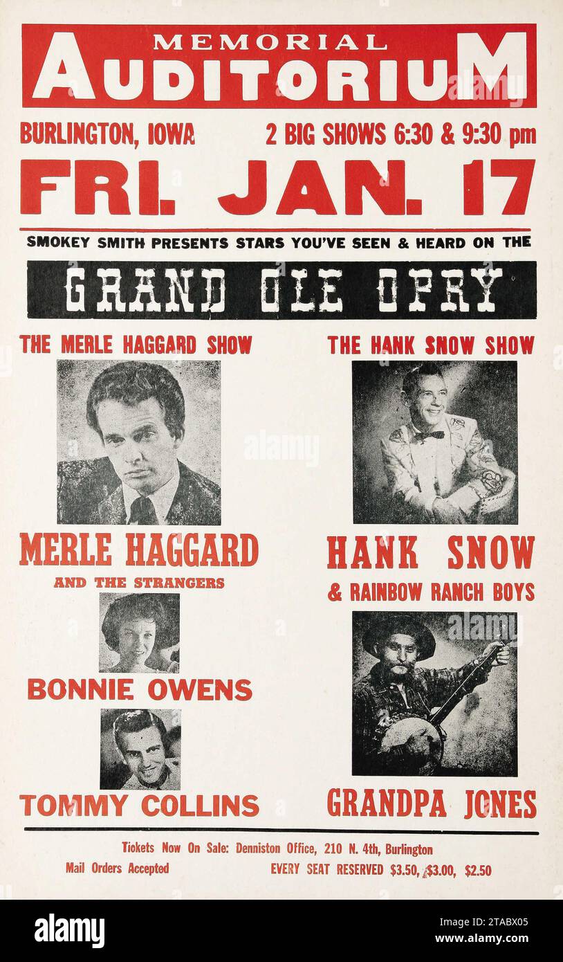 Grand Ole Opry Roadshow Poster - Porter Wagoner, Bill Anderson, Connie Smith, Merle Haggard, Hank Snow 17. Januar 1967 Stockfoto