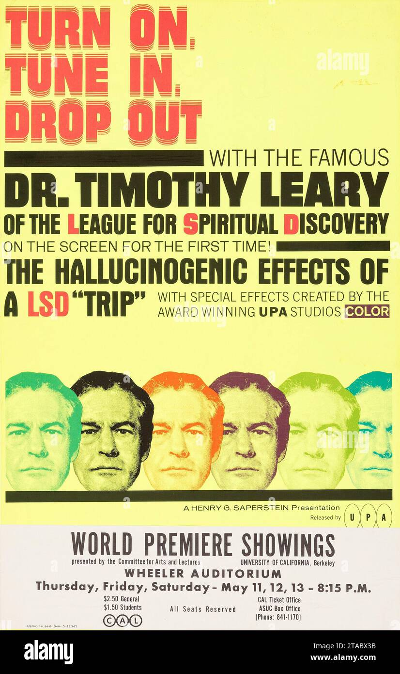 Timothy Leary 1967 Einschalten, Einstellen, Auslassen - Filmfenster-Karte - Weltpremiere-Shows, Wheeler Auditorium - LSD Leauge for Spiritual Discovery - die halluzinogenen Effekte einer LSD-Reise Stockfoto