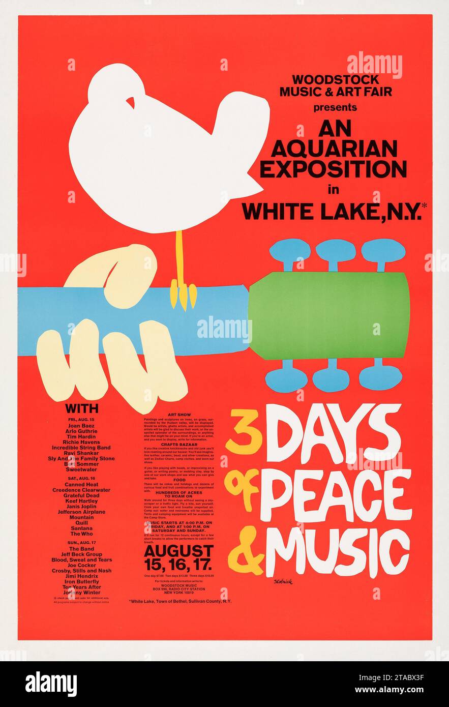 Woodstock, August 1969 Vintage-Konzertposter - 3 Tage Frieden und Musik, White Lake New York Stockfoto
