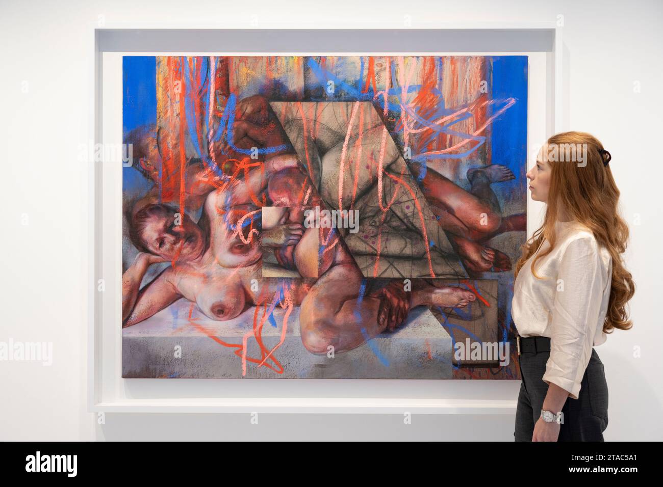 London, Großbritannien. November 2023 30. Jenny Saville: Ekkyklema. Eine Ausstellung neuer Gemälde und Werke auf Papier in der Gagosian Davies Street. Savilles neue Arbeit wurde zum Teil von den riesigen digitalen Bildschirmen in Stadien und anderen großen Veranstaltungsorten inspiriert, deren Größe und visuelle Kraft ein überwältigendes, fast religiöses Spektakel erzeugen. Die Ausstellung findet vom 30. November 2023-10. Februar 2024 statt. Bild: Skene, 2023, Öl, Kohle und Pastell auf Leinen. Quelle: Malcolm Park/Alamy Live News Stockfoto