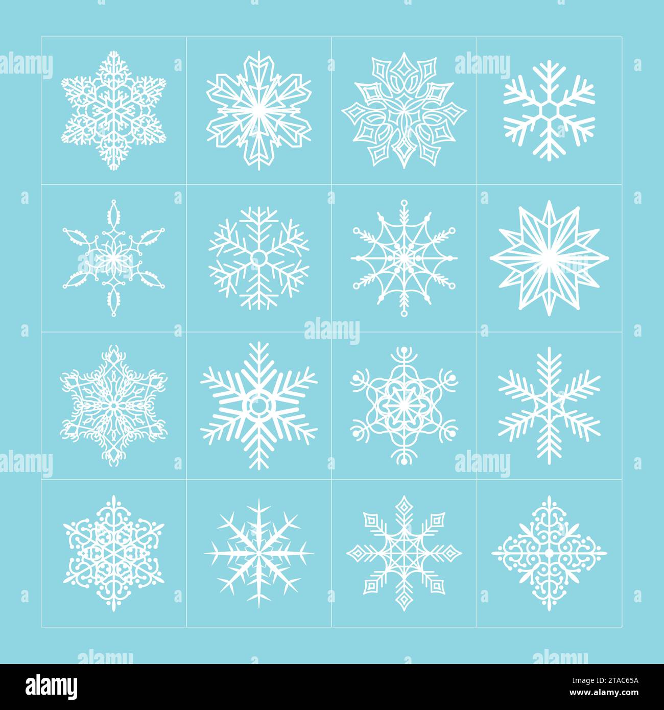 Set mit weißen zarten Schneeflocken. Vektor-Schneeflocken auf blauem Hintergrund. Stock Vektor