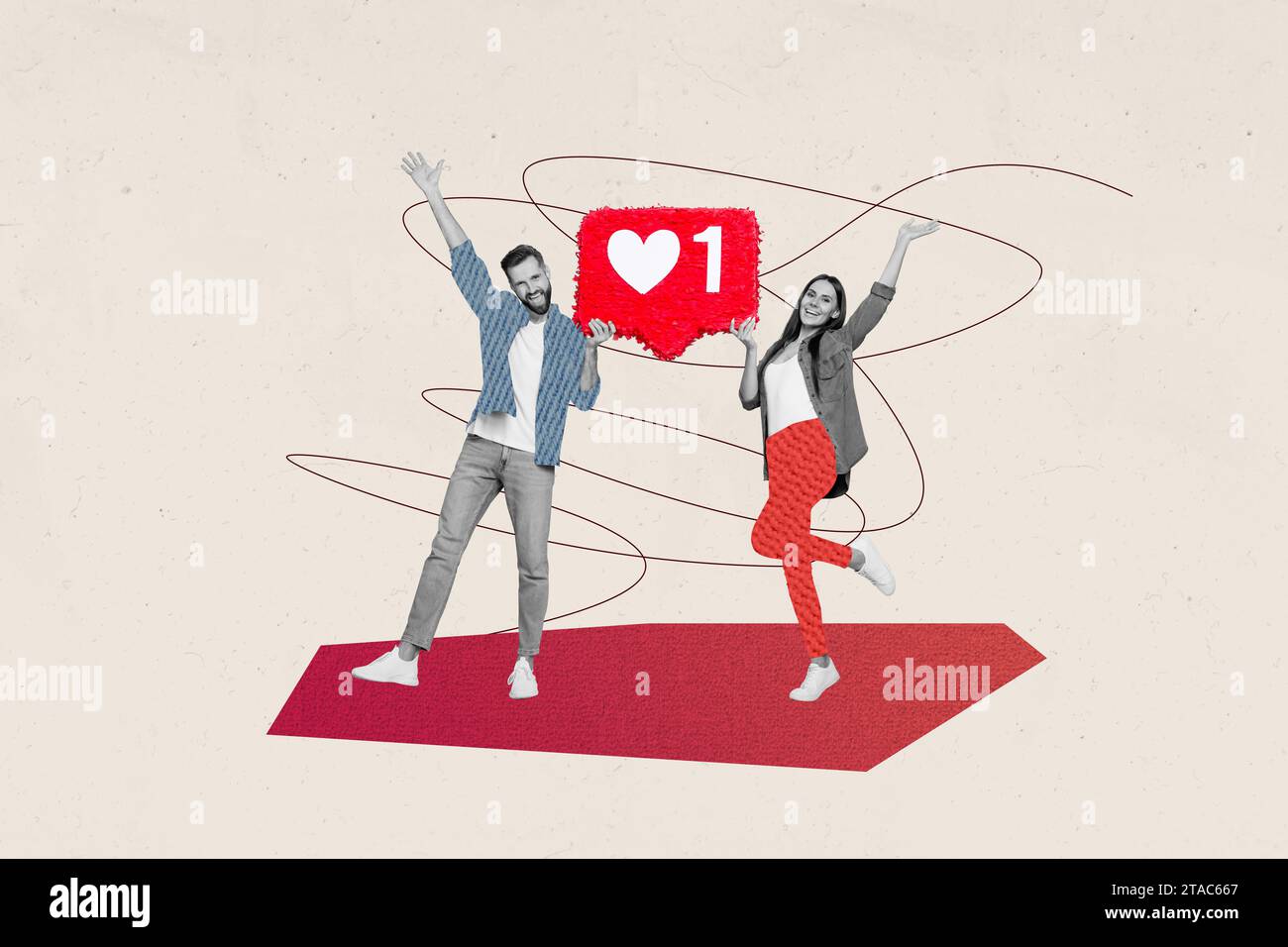 Vertikale kreative Fotokollage Kritzelbanner von zwei jungen Leuten Liebhabern tanzen zusammen Sympathie Diskothek Herz wie auf beigefarbenem Hintergrund Stockfoto