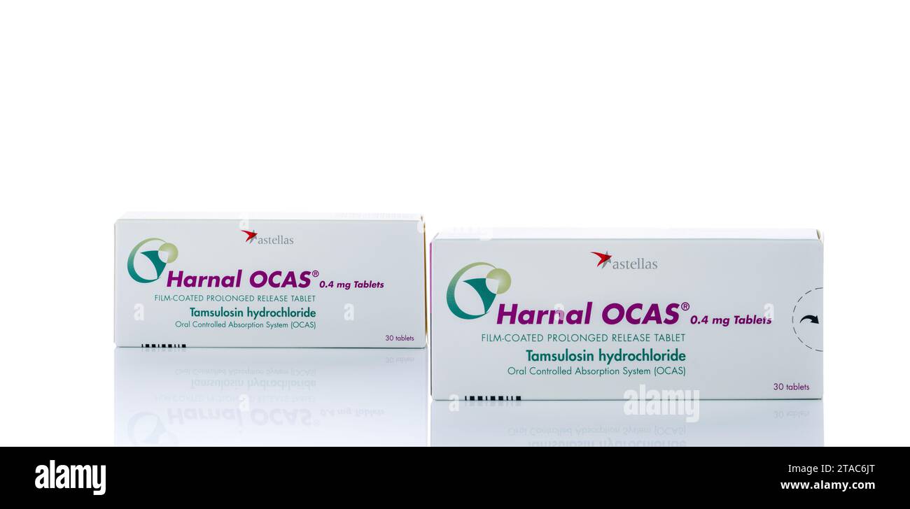 CHONBURI, THAILAND-22. OKTOBER 2023: HARNAL OCAS. Tamsulosin-Arzneimittel zur Behandlung der benignen Prostatahyperplasie. Filmtablette mit Retardtablette Stockfoto
