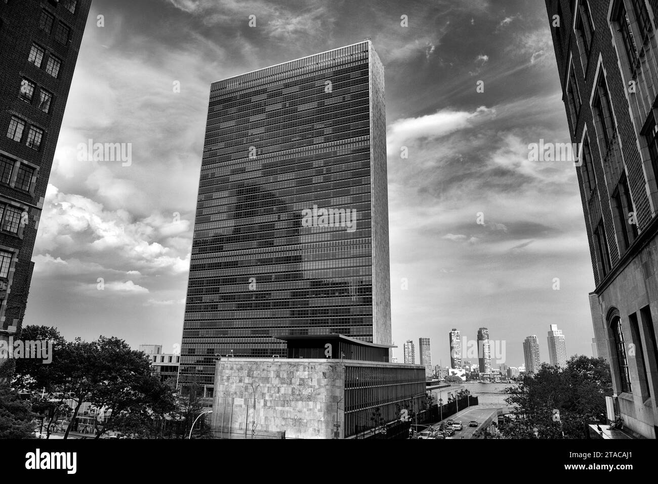 NEW YORK, USA - 26. Mai 2018: Das Gebäude der Vereinten Nationen in New York ist der Sitz der Organisation der Vereinten Nationen. Generalversammlung der Vereinten Nationen. Stockfoto