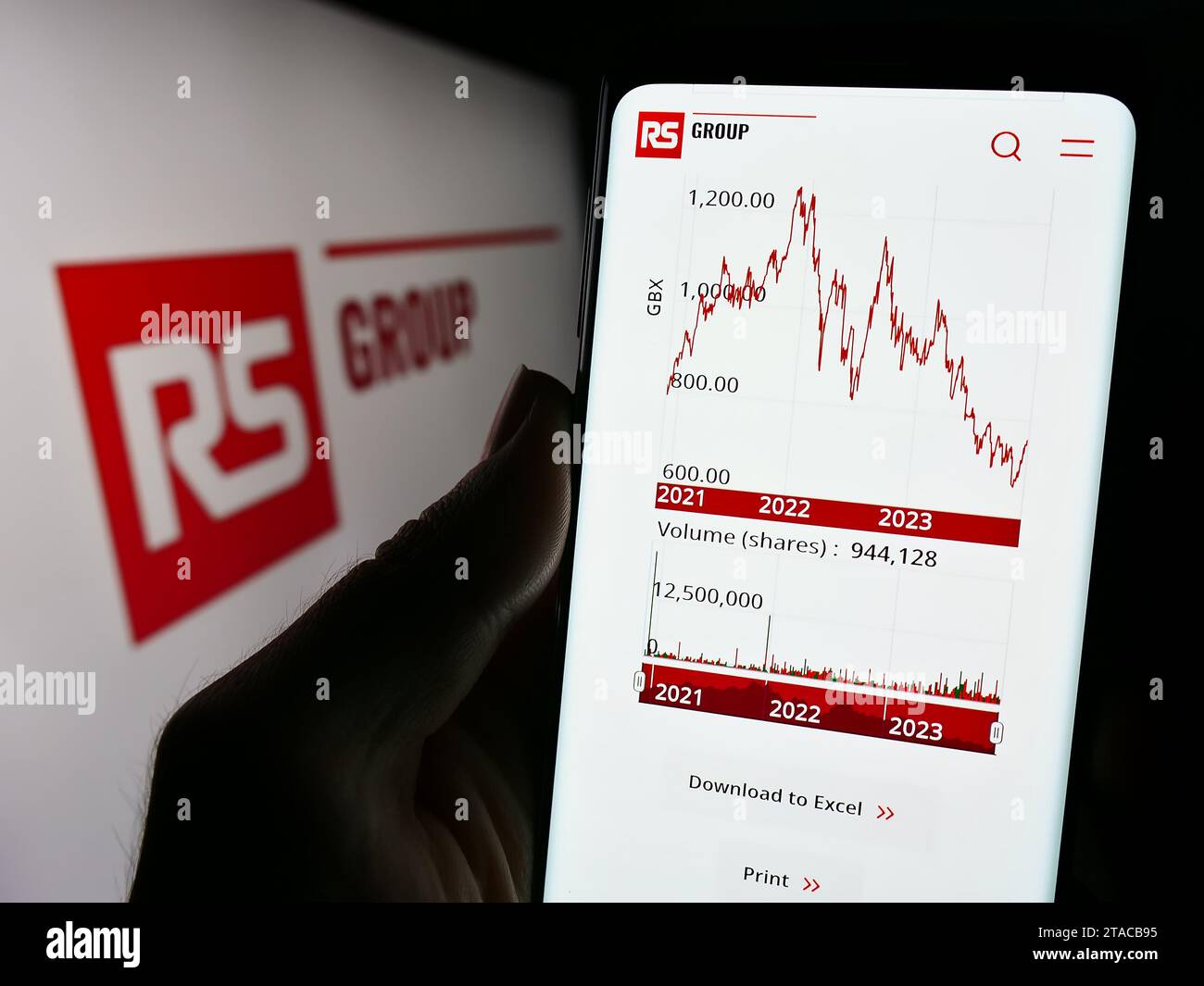 Person, die ein Mobiltelefon hält, mit Website des britischen Stromverteilers RS Group plc vor dem Logo. Konzentrieren Sie sich auf die Mitte des Telefondisplays. Stockfoto