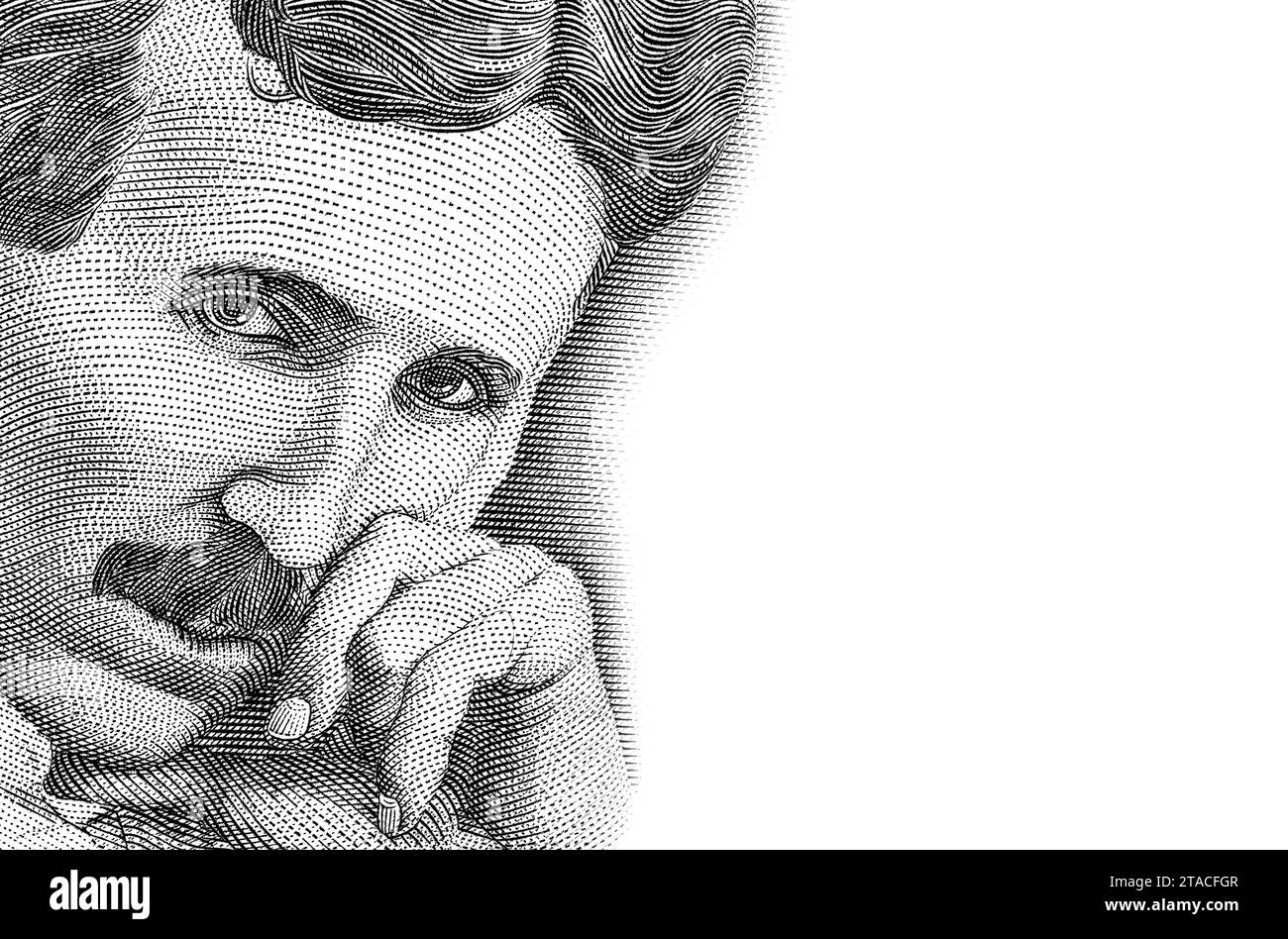 Nikola Tesla (1856–1943). Schwarz-weiß-Porträt von serbischer Banknote. Genialer Wissenschaftler, Erfinder, Elektroingenieur, Maschinenbauingenieur und Stockfoto