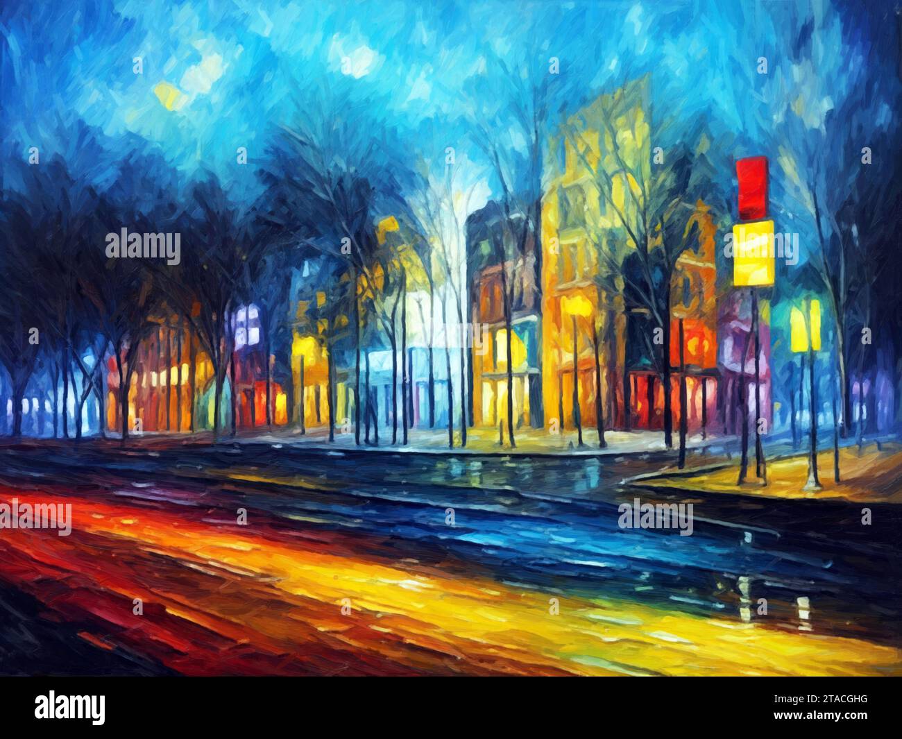 Wenn der Abend im Winter kommt (Öl auf Leinwand). Stockfoto