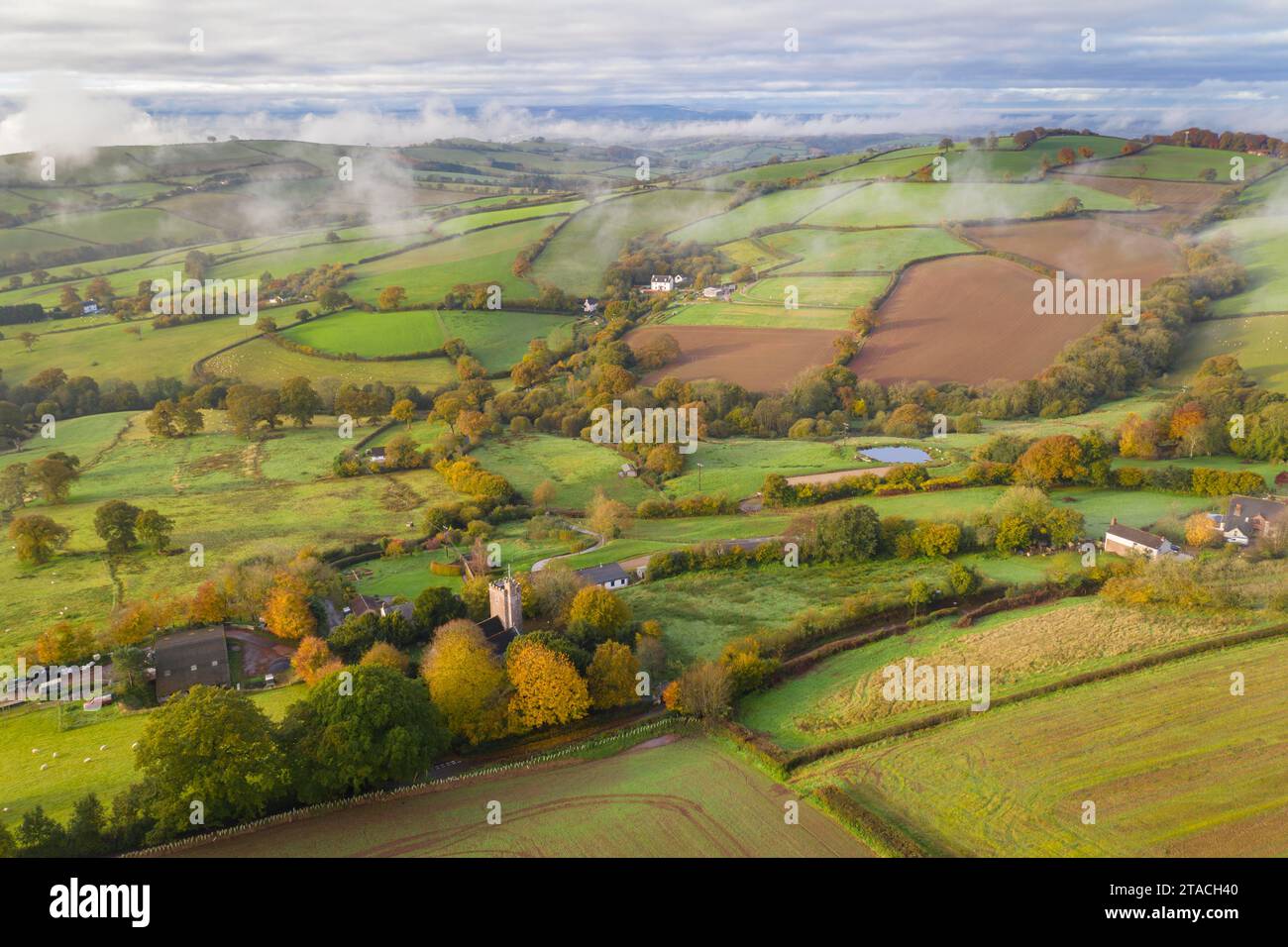 Sanfte Landschaft rund um den Weiler Cadbury in der Mitte von Devon, England. Herbst (November) 2021. Stockfoto