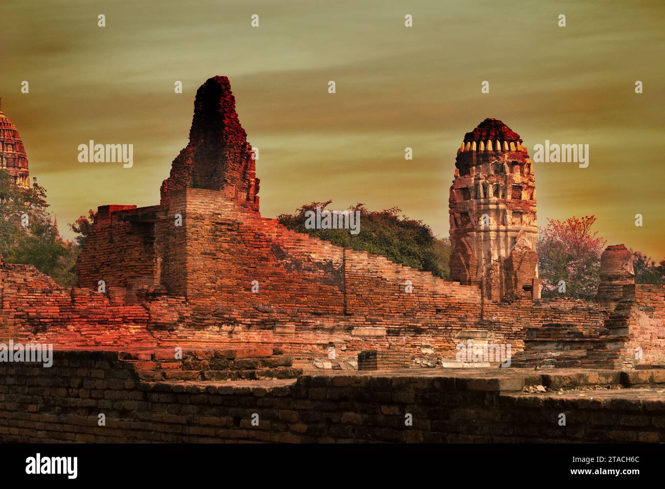 Ruinen von buddhistischen alten Shichara, Dagoba, Stupa in Südthailand, Ayutthaya. Die antike Hauptstadt des Königreichs Ayutthaya, die Sia vorausging Stockfoto