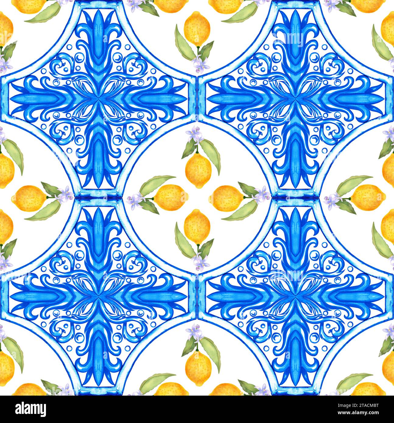 Nahtloses mediterranes Muster. Blaue Majolica-Fliesen und gelbe Zitronen endloser Hintergrund. Traditionelles sizilianisches Muster für Stoffe und Tapeten. Blau az Stockfoto