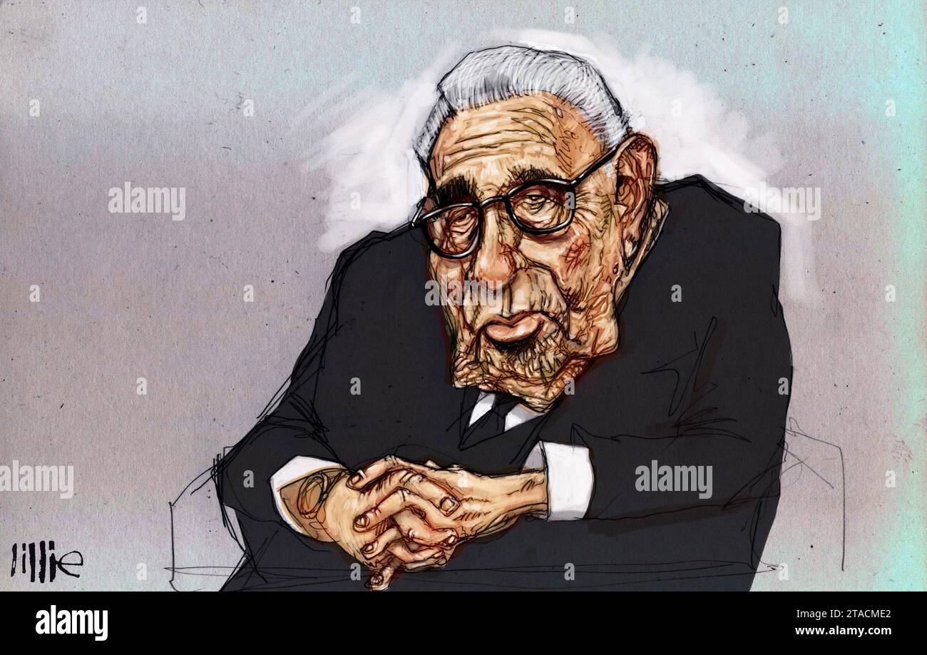 Karikaturkunst, Cartoon-Porträt von Henry Kissinger, US-amerikanischem Politiker, Diplomat, US-Außenminister, nationaler Sicherheitsberater, Nobel Stockfoto