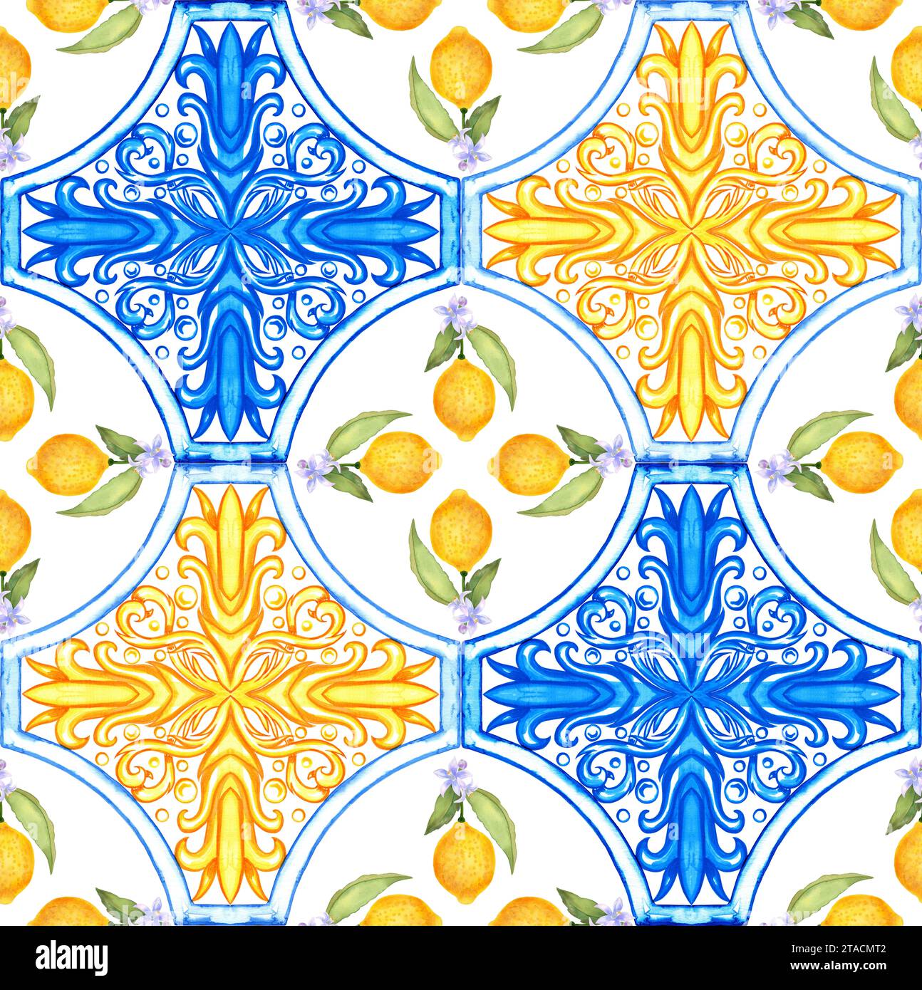 Nahtloses mediterranes Muster. Blaue Majolica-Fliesen und gelbe Zitronen endloser Hintergrund. Traditionelles sizilianisches Muster für Stoffe und Tapeten. Blau az Stockfoto