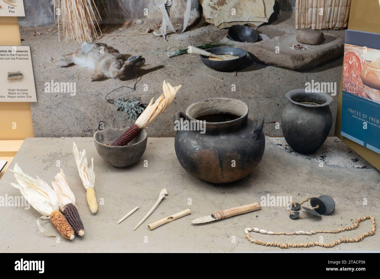Ausstellung prähispanischer Ureinwohner für die Zubereitung von Lebensmitteln im USU Eastern Prehistoric Museum in Price, Utah. Stockfoto