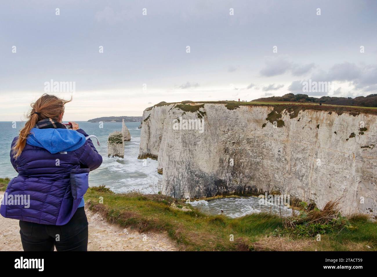 Frau fotografiert die Klippen und Meereswellen in studland Bay dorset Stockfoto