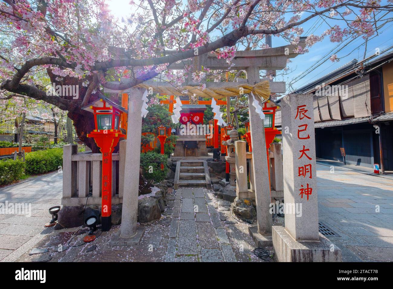 Kyoto, Japan - 2. April 2023: Tatsumi Daimyojin-Schrein in der Nähe der Tatsumu-Bashi-Brücke im Stadtteil Gion Stockfoto