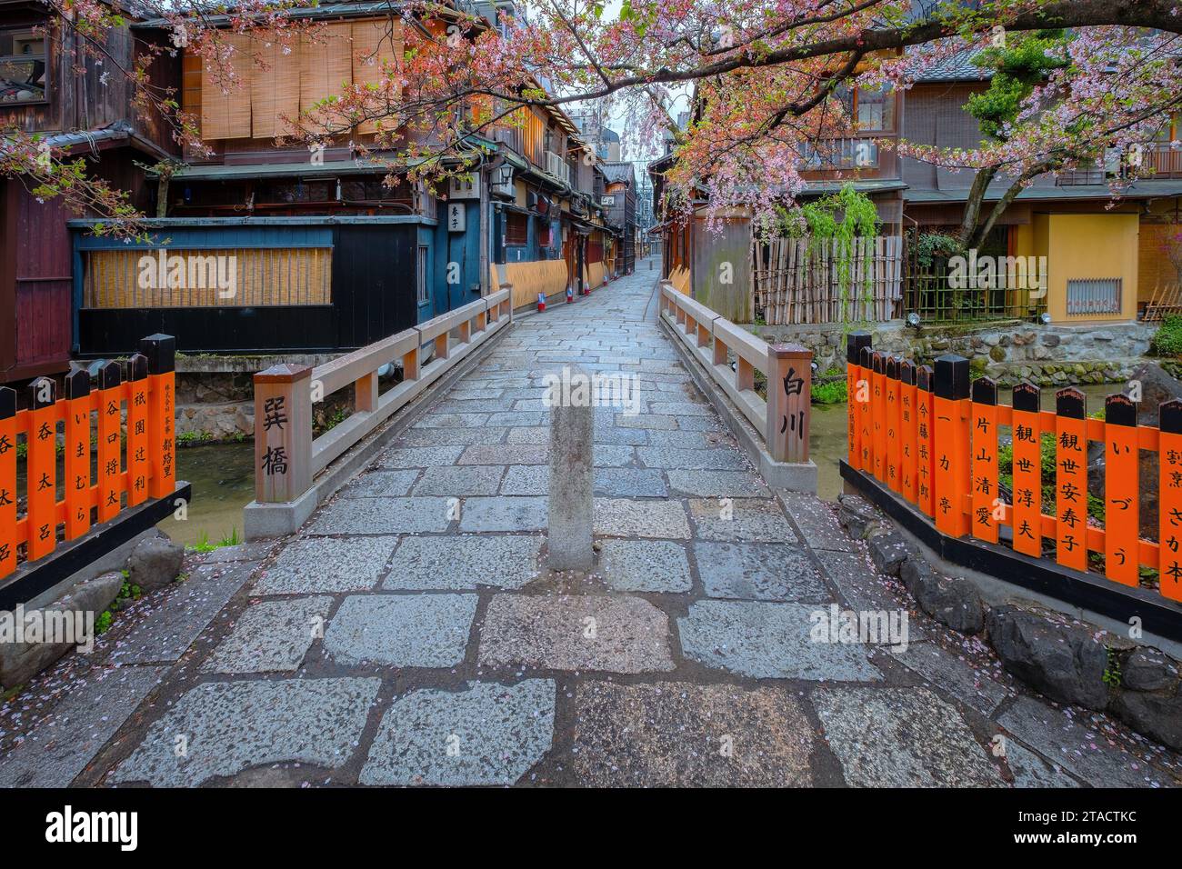 Kyoto, Japan - 6. April 2023: Die Tatsumi-Bashi-Brücke ist der berühmte Ort des Stadtteils Gion. Es ist eine kleine Brücke, die den Fluss Shirakawa überquert Stockfoto