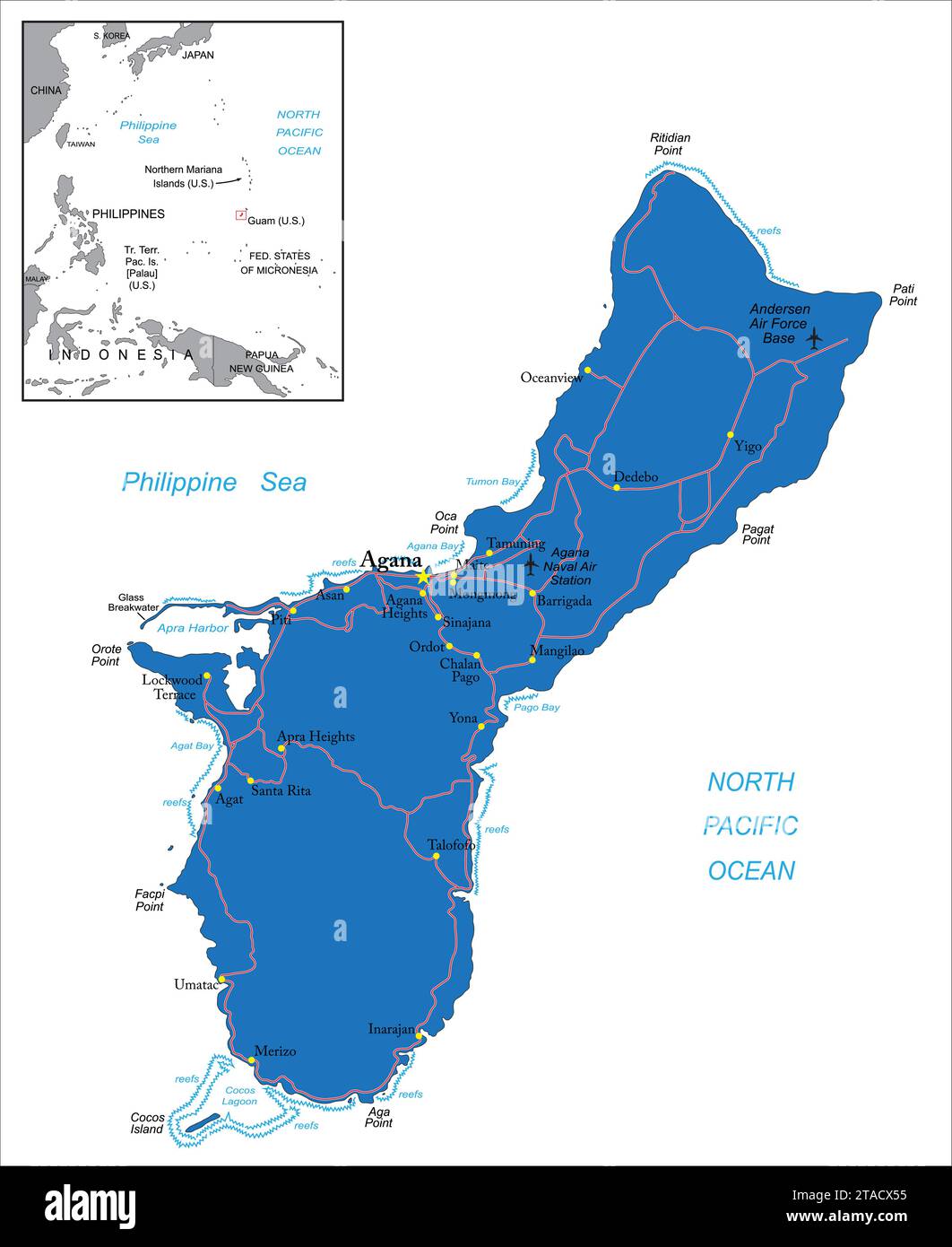 Sehr detaillierte politische Vektorkarte der Insel Guam mit Verwaltungsregionen und Hauptstädten. Stock Vektor