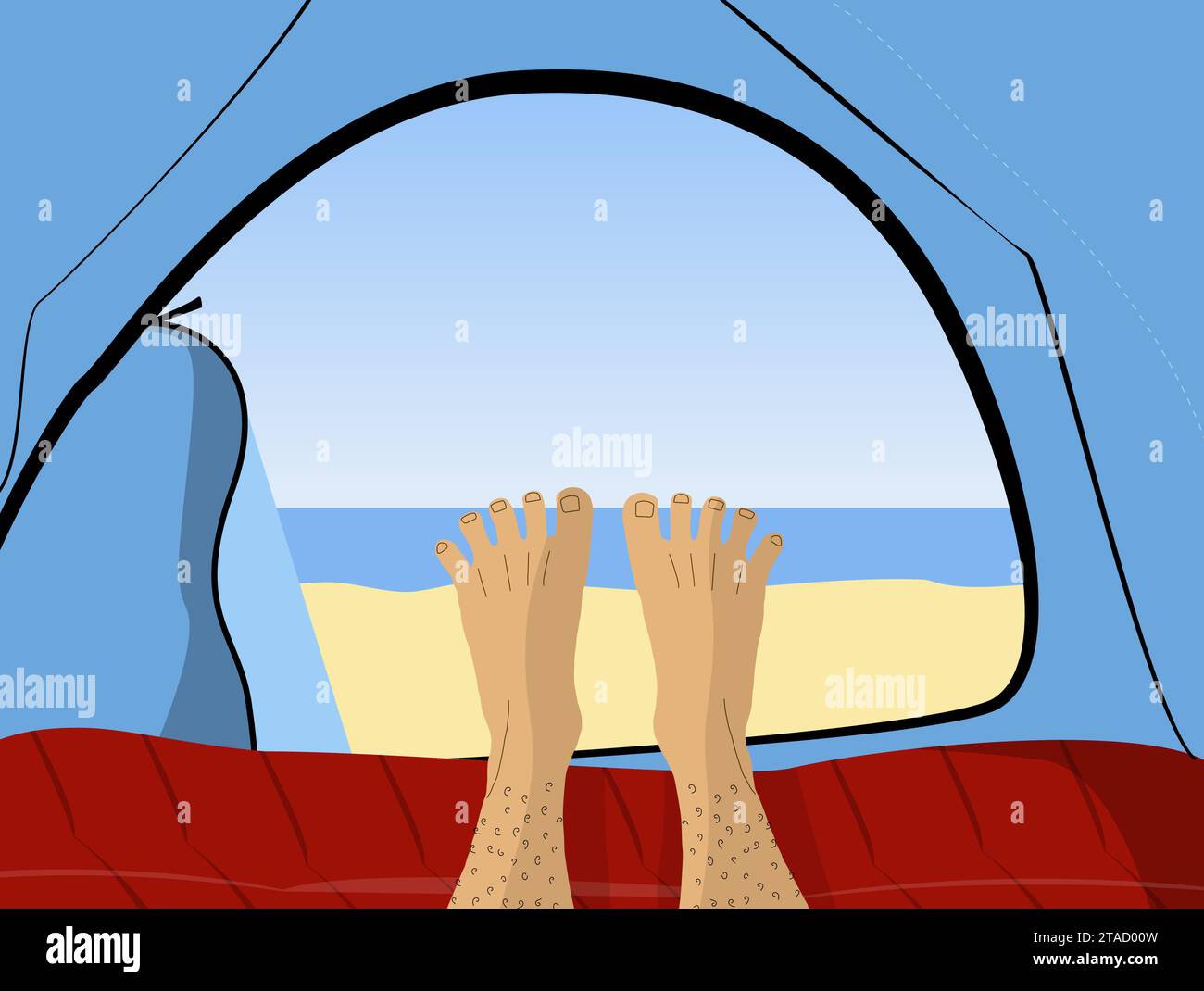 Blick vom Inneren des Camps auf die Meereslandschaft. Ein Tourist liegt im Zelt und macht Fotos von seinen Füßen am Strand draußen. Stock Vektor