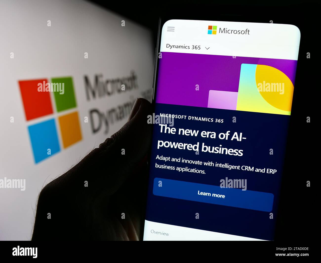 Person, die ein Smartphone hält und die Webseite des Buchhaltungssoftwareprodukts Microsoft Dynamics 365 vor dem Logo zeigt. Konzentrieren Sie sich auf die Mitte des Telefondisplays. Stockfoto