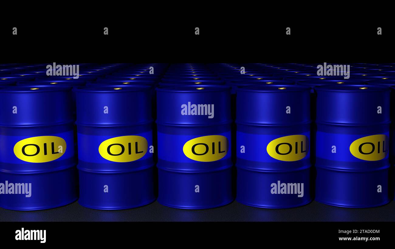 3D-Rendering von fossilen Brennstoffen, Erdölbenzinffässern auf schwarzem Hintergrund. Stockfoto