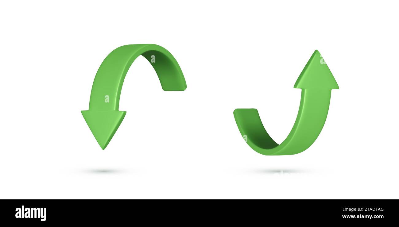 Gekrümmter 3D-Pfeil. Realistische grüne Pfeilsymbole nach oben und unten. Vektorillustration isoliert auf weißem Hintergrund Stock Vektor