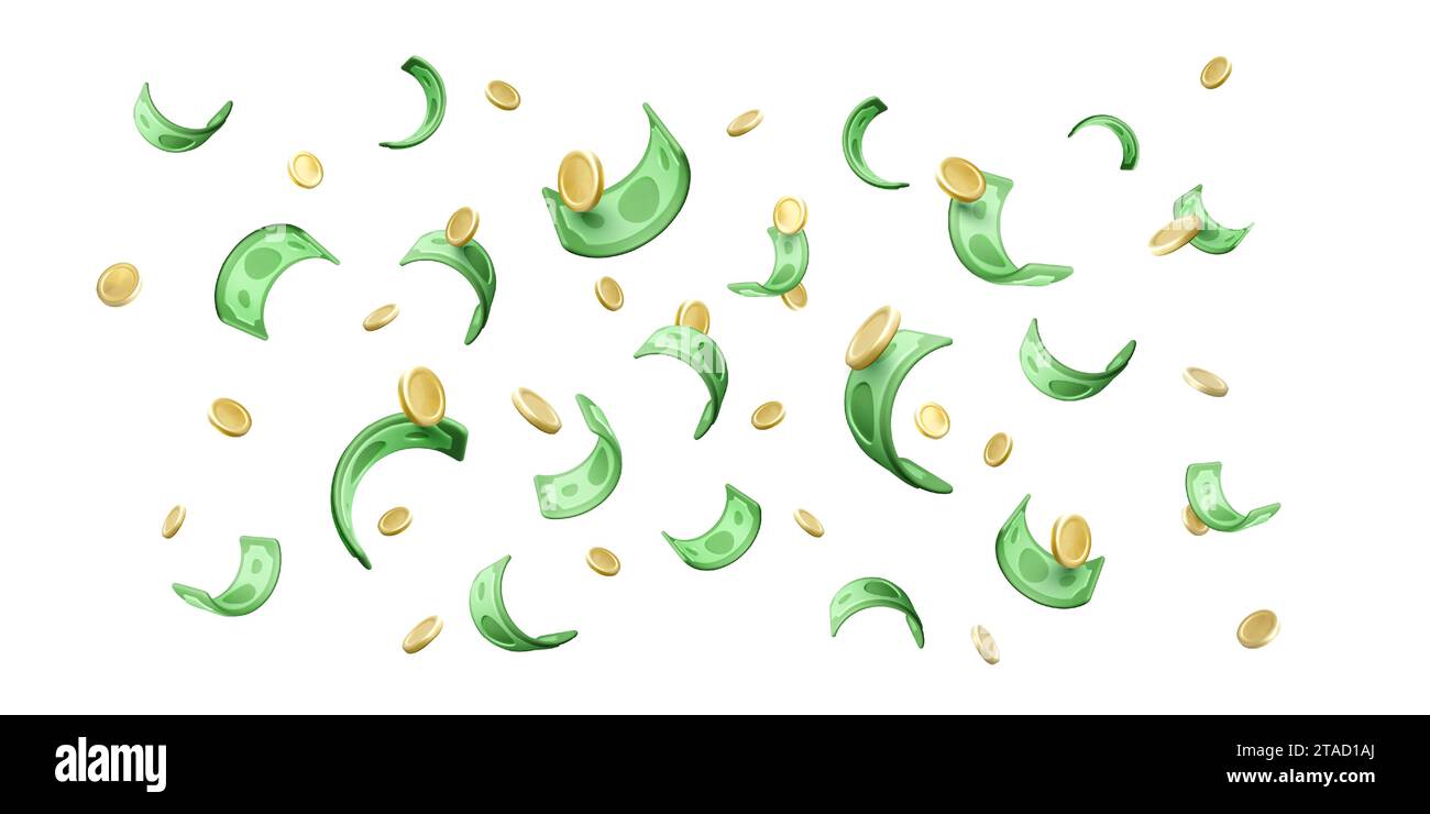 3D fallen hundert Dollar und Goldmünzen. Cartoon-Papiergeld und Münzen. Hintergrund von Geschäfts- und Erfolgsinvestitionen. Vektorabbildung Stock Vektor