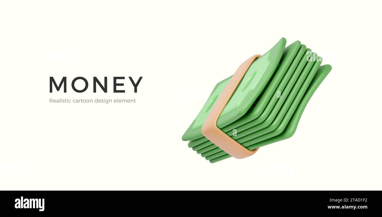 3D-Geldpaket. Grüne Banknote auf weißem Hintergrund. Geld sparendes Konzept. Unternehmensgewinn und Investitionen. Vektorabbildung Stock Vektor