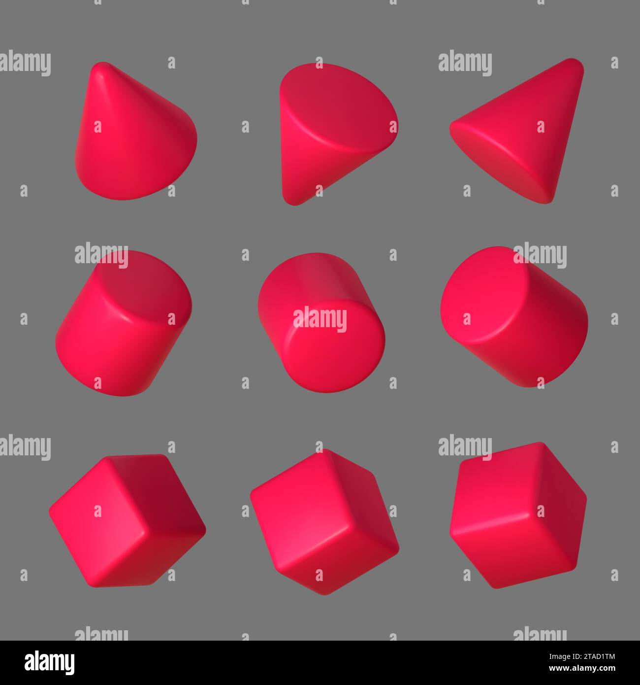 3D des rosa geometrischen Formsatzes. Realistischer roter geometrischer Würfel, Kegel und Zylinder perspektivisch isoliert auf grauem Hintergrund. Vektorabbildung. Stock Vektor